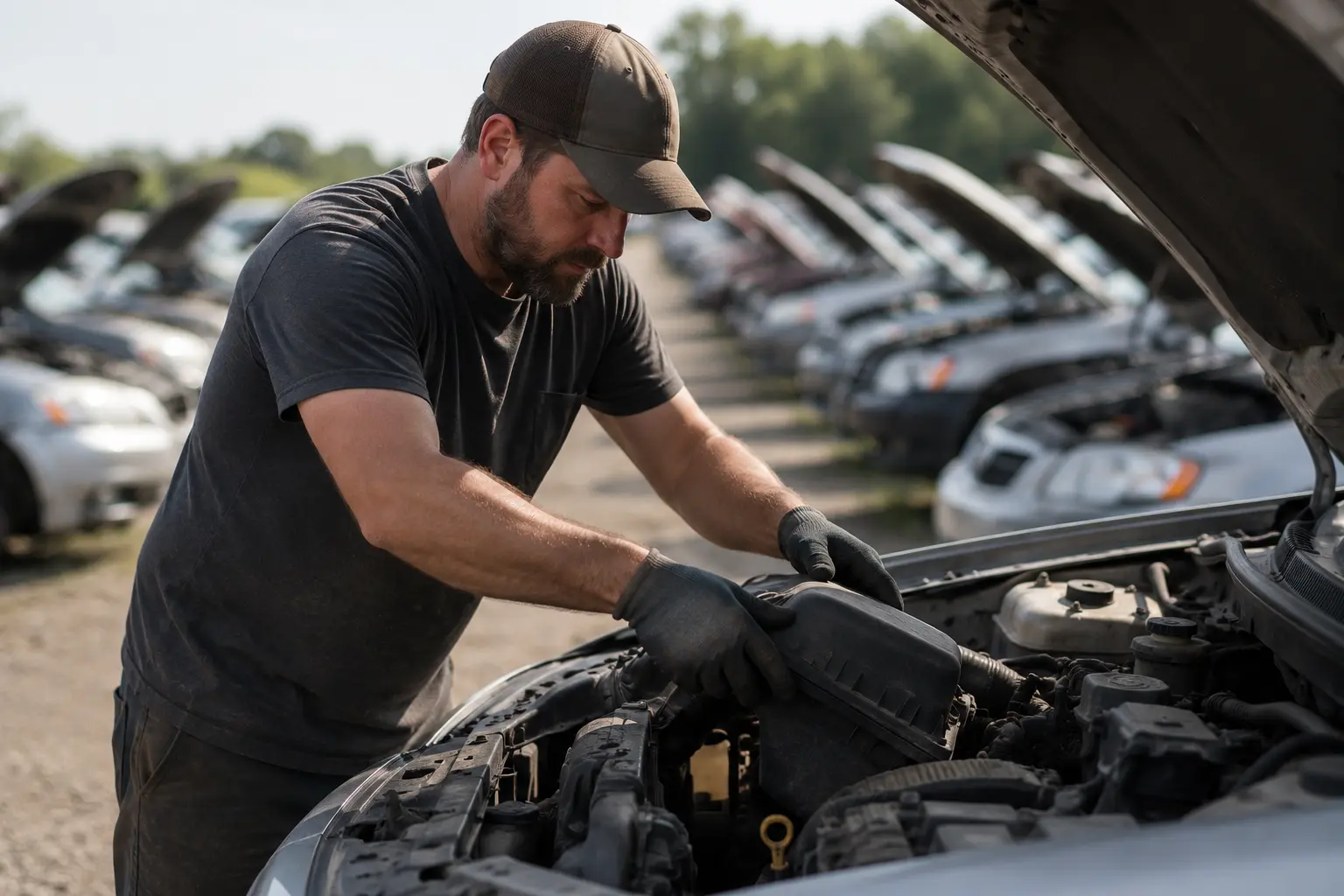 img-plan-your-trip Man in black shirt and baseball cap removing air filter housing from hood in a "you pull it" self-serve salvage yard
