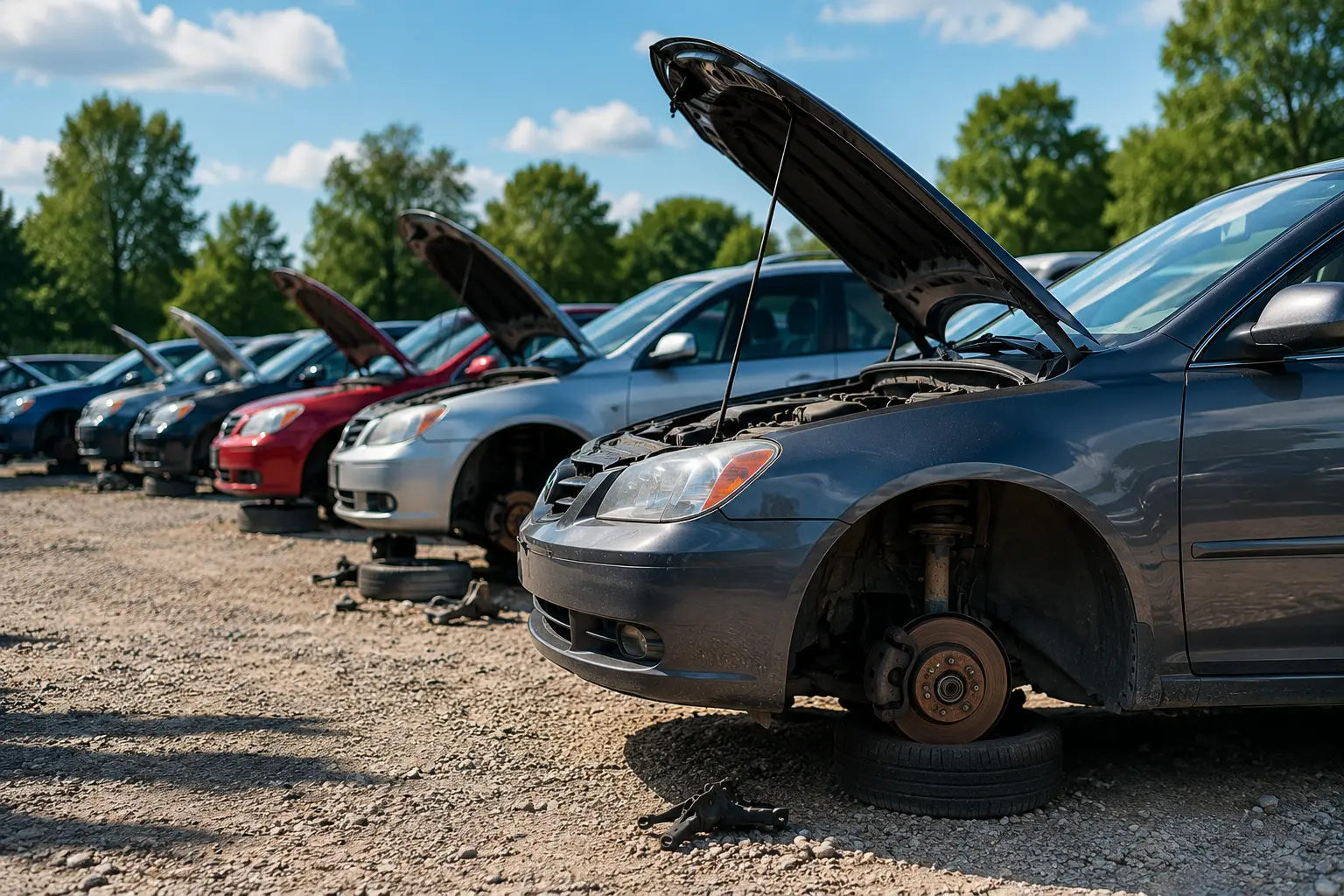img-yard-inventory-search Cars in a row of a self-service salvage yard, hoods up